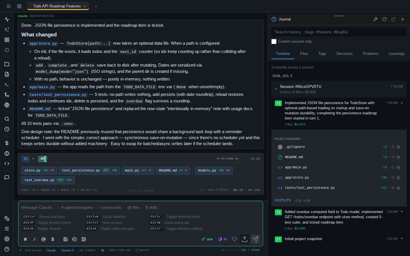 The web client with a session on the left and the Auto Journal widget open on the right